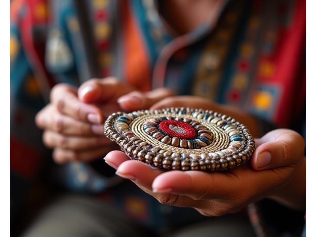 An Indigenous elder proudly displaying beautifully handcrafted traditional art against a backdrop of a vibrant community gathering in the Yukon, symbolizing cultural preservation and partnership.