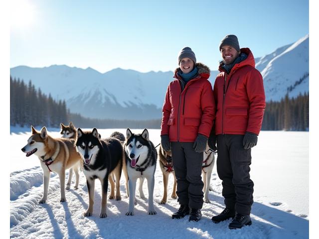 Alex and Clara, the founders of Arctic Hearth, standing proudly in a vast, snow-covered Yukon landscape with their dog sled team, embodying the spirit of Arctic exploration and conservation.