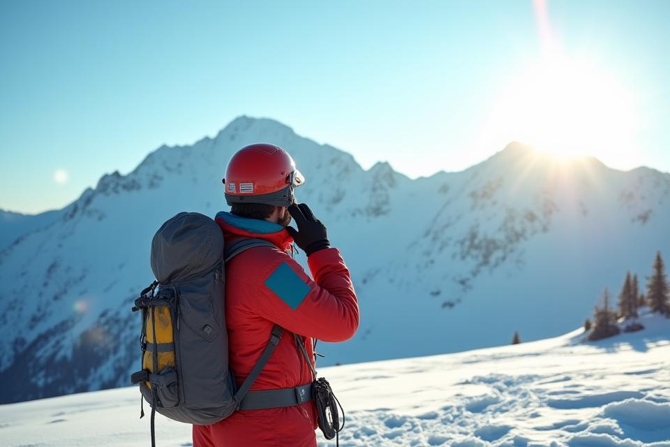 An expedition member in Arctic gear using a satellite phone with a majestic, snow-covered Yukon mountain range in the background, symbolizing remote communication and safety