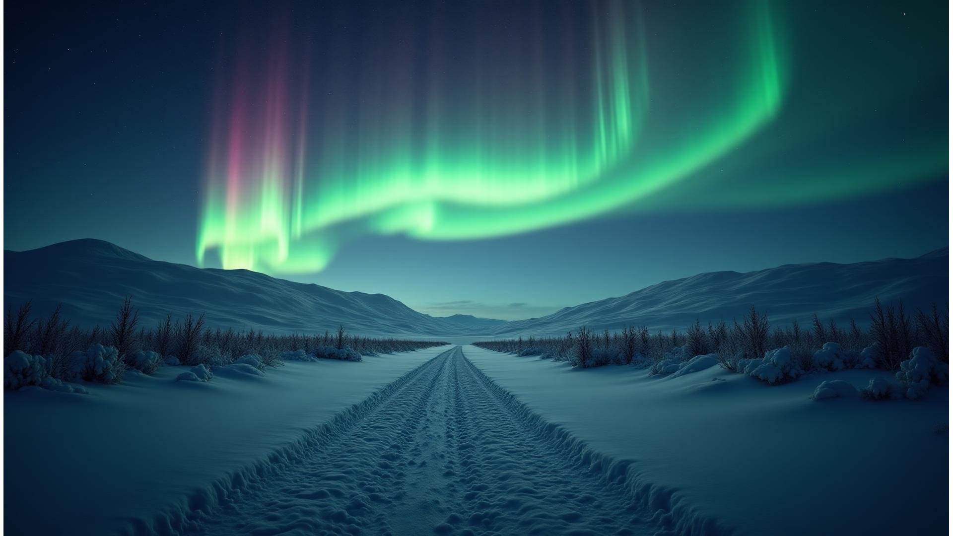 Panoramic view of the vast Yukon tundra under a stunning Northern Lights display, guiding visitors to their next Arctic adventure