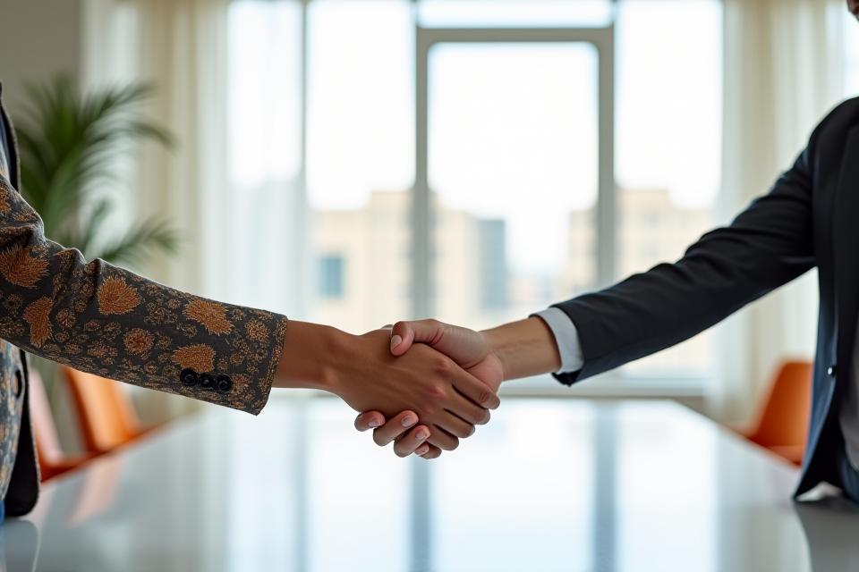 Two diverse professionals shaking hands in a modern, light-filled office, symbolizing successful business collaboration and partnership opportunities