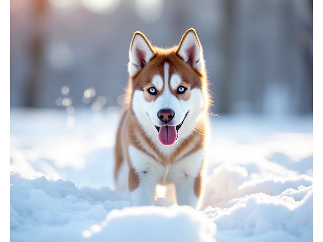 Luna, a young, playful husky with alert ears, looking curiously at the camera amidst snow.