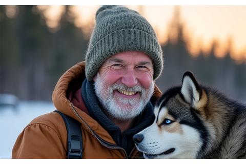 Portrait of David MacLeod, a jovial musher with a beard, sharing a warm moment with a husky.
