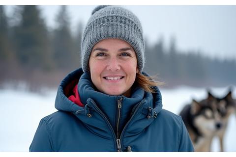Portrait of Sarah Thompson, a determined musher in a winter parka, smiling with her dog team.