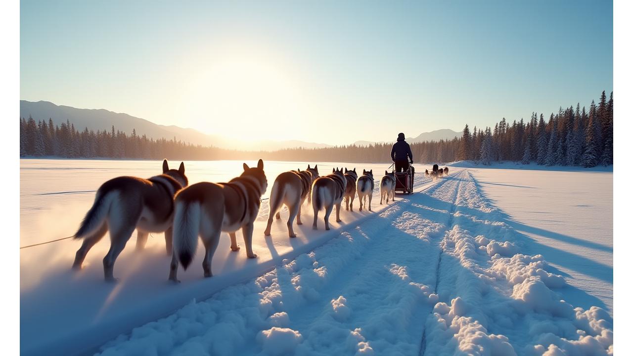 Team of powerful huskies pulling a dog sled across a vast, snow-covered Yukon landscape under a bright winter sky, a musher at the helm.