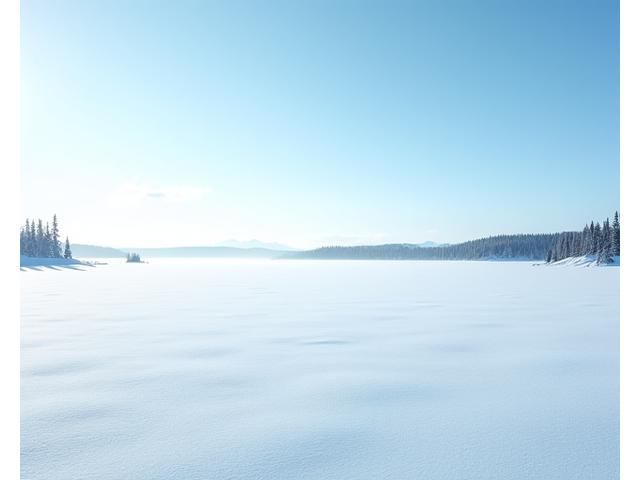 A wide view of a snowy forest trail leading to a vast, frozen lake under a bright, clear winter sky.