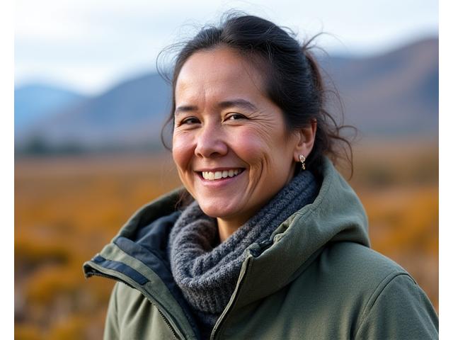 Portrait of Elara, an Indigenous woman with warm, experienced eyes and a smile, wearing traditional, functional outdoor gear, standing in a vast tundra landscape.