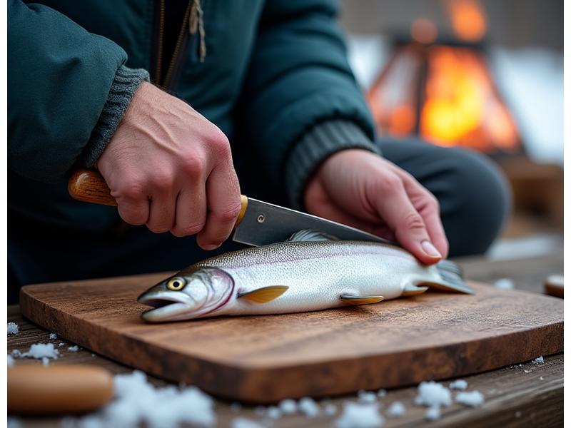 An Indigenous elder demonstrating traditional fish filleting technique on a fresh Lake Trout, with wooden tools and a scenic winter backdrop.
