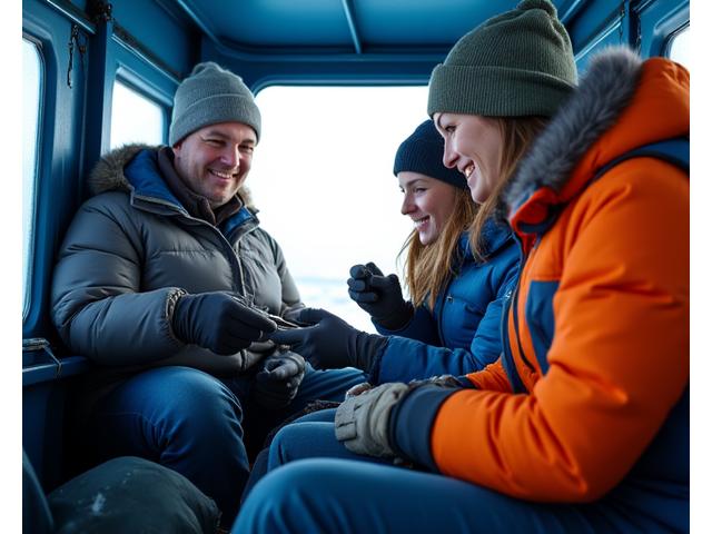 A group of smiling individuals enjoying a half-day ice fishing trip, with one guide explaining a technique.