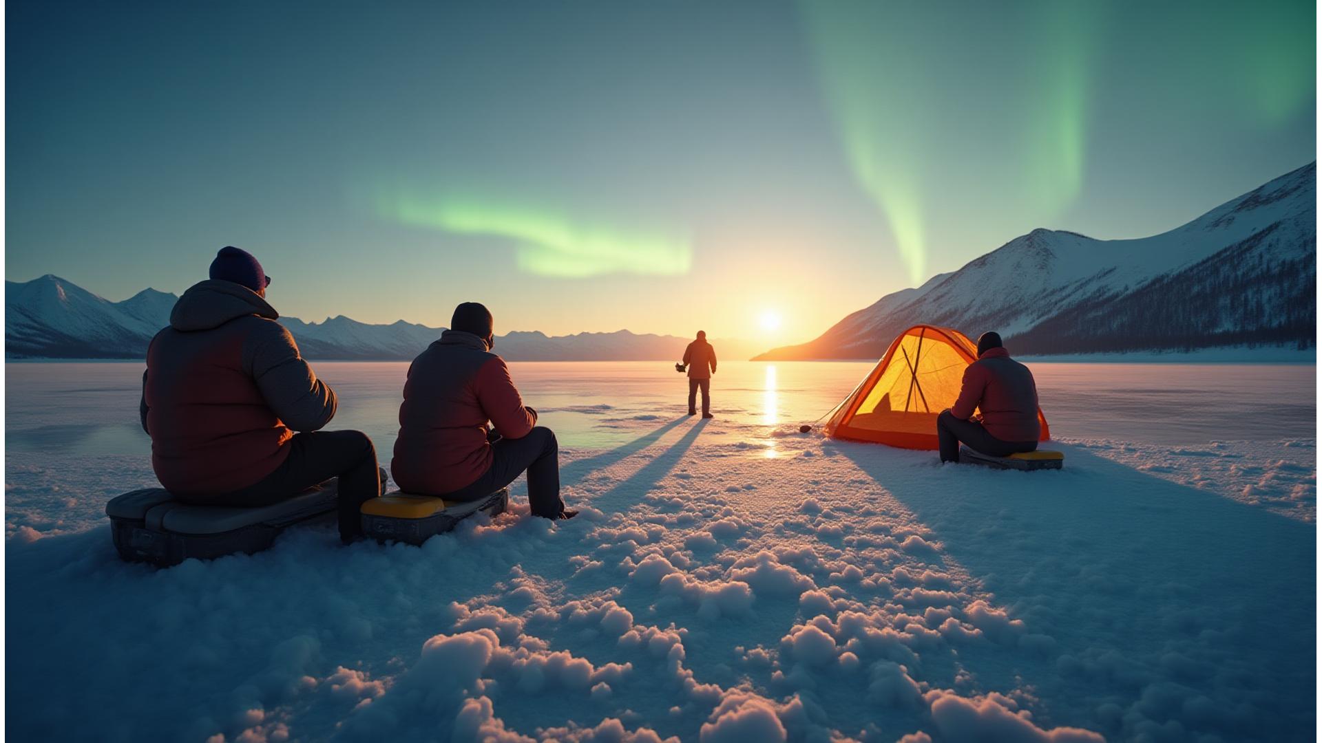 Guided ice fishing on a vast, frozen Yukon lake, with an angler tending lines inside a heated shelter, aurora borealis faintly visible in the arctic twilight.