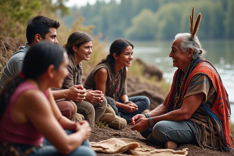 A small group of tourists engaged in conversation with an Indigenous elder, sharing a laugh.