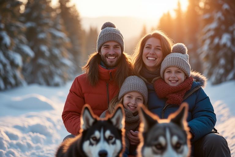 A family joyfully riding a dog sled through a snowy forest, smiling and laughing.