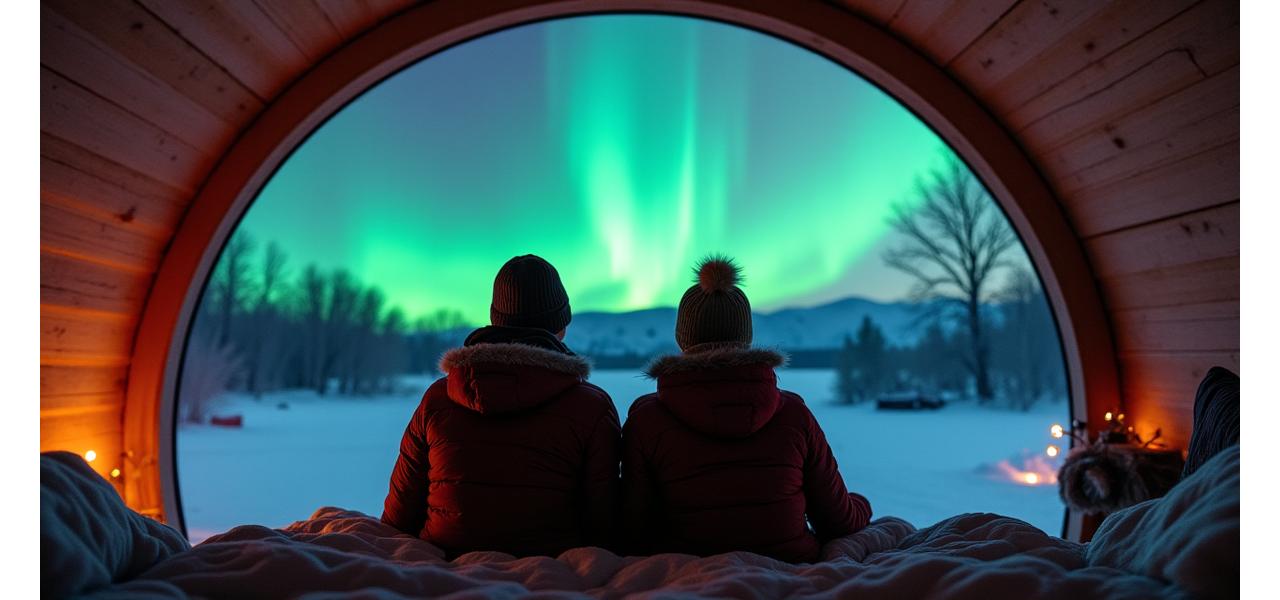 Couple observing the Northern Lights from a cozy glass-domed cabin