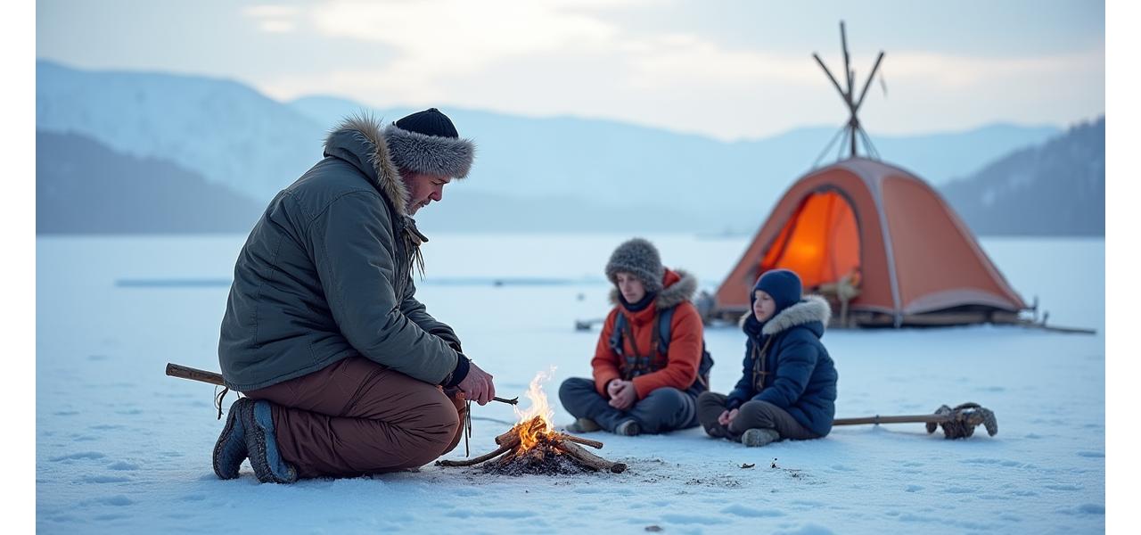 Indigenous elder teaching ice fishing to a small group on a frozen lake with traditional gear