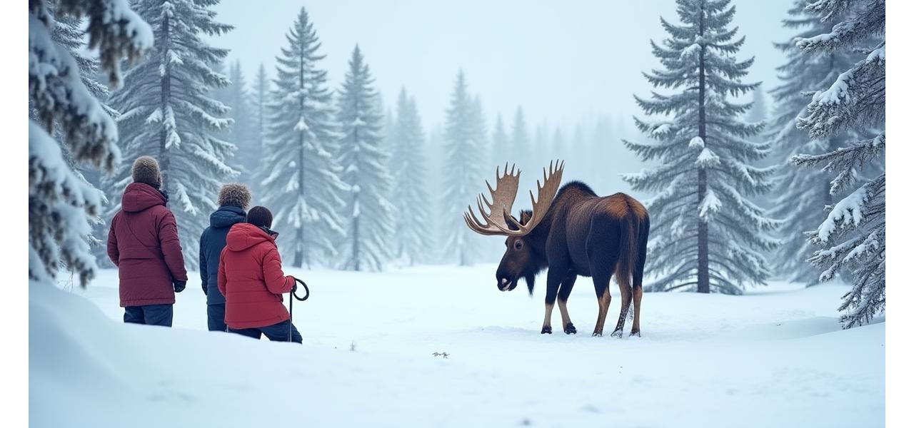 Winter wildlife safari, group watching moose from a distance