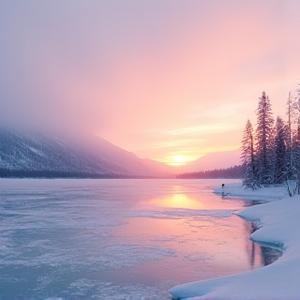 Guest photo of a serene frozen lake at sunrise.