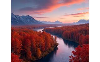 Autumn Arctic landscape with vibrant red and yellow tundra vegetation under a dramatic sky.