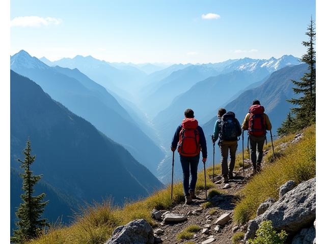 Small group of hikers with backpacks and trekking poles on a mountain trail, overlooking a vast wilderness