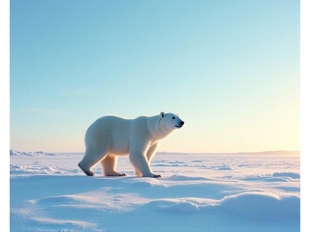 Polar bear walking across snow-covered tundra with a clear blue sky