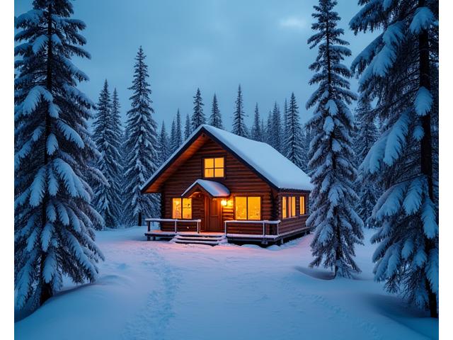 Cozy remote cabin in a snow-covered forest with a warm light emanating from inside