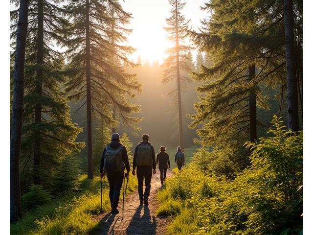 A small group hiking through a pristine, lush boreal forest with sunlight filtering through the trees