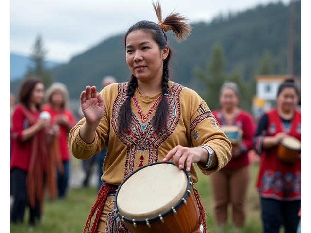 Kwanlin Dün drummer performing 'honour song' during a community gathering