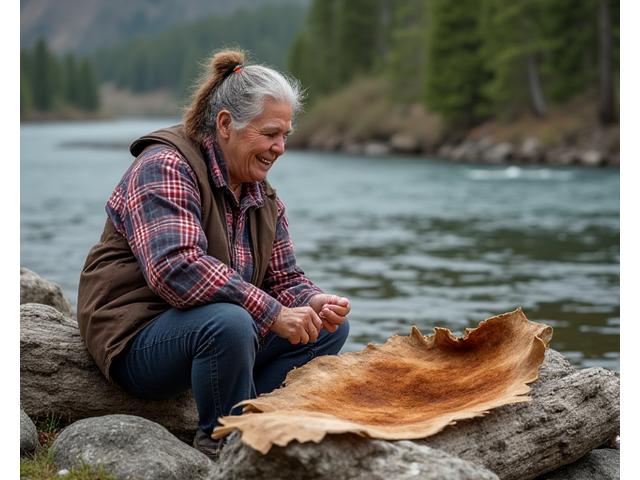 Tr'ondëk Hwëch'in elder demonstrating hide-tanning beside the Yukon River