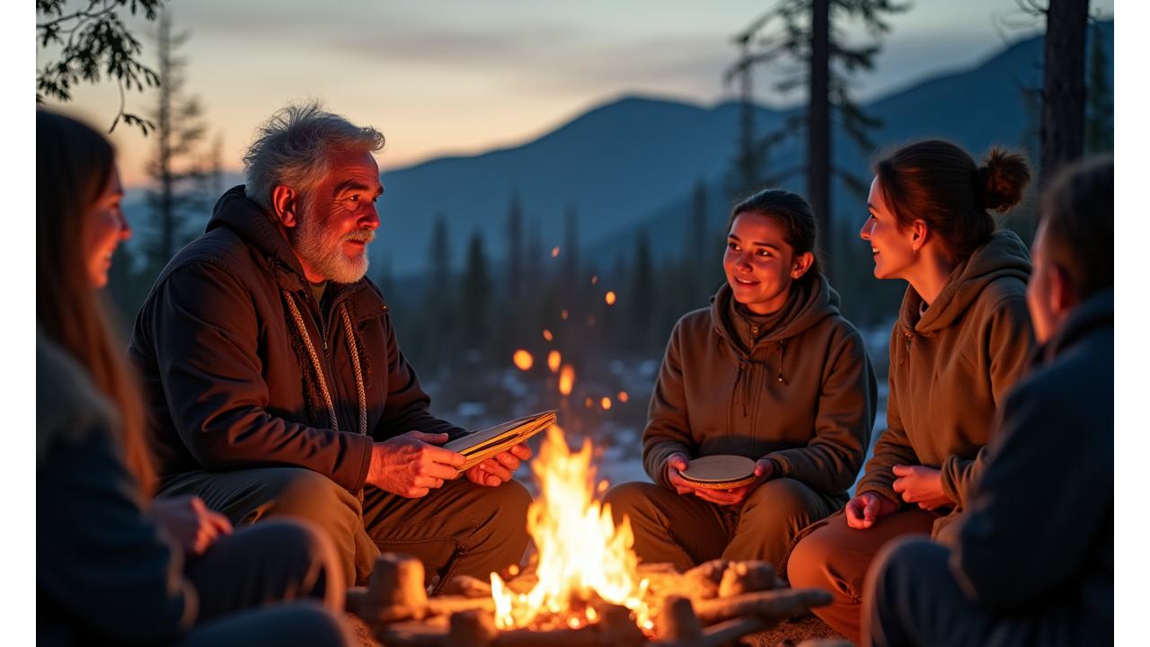 Yukon First Nations elder sharing stories around a campfire, surrounded by a group of respectful visitors