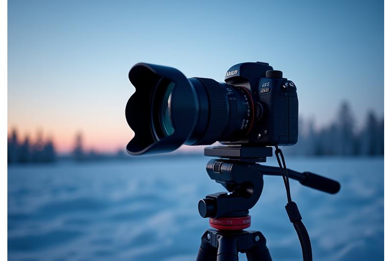 Professional camera on a sturdy tripod set up in a snowy Arctic landscape, ready for night photography.