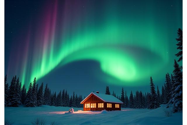 Aurora Borealis forming an arch over a solitary, snow-covered cabin, captured skillfully by a participant.