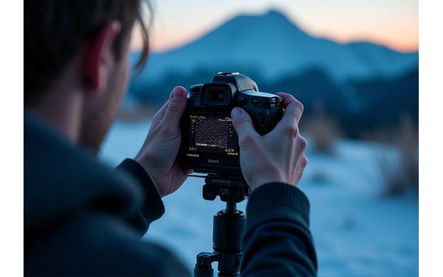 Photographer adjusting camera settings on a tripod under a faint starry sky