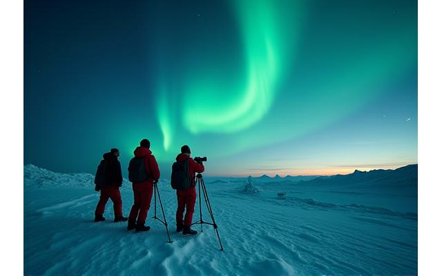 Group of photographers with tripods and cameras on a snowy hill, with faint Aurora in the sky