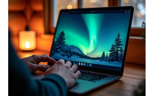 Photographer editing Aurora images on a laptop in a cozy cabin