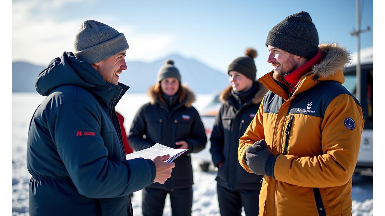 Expedition guide giving a safety briefing to a small group of tourists in the Arctic