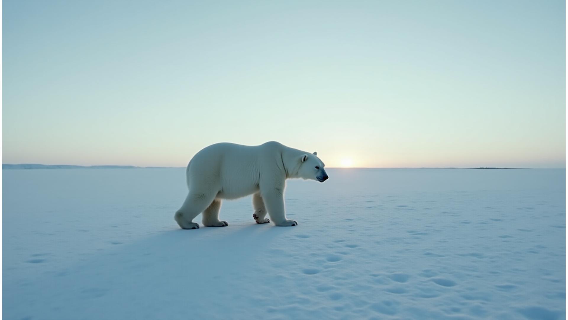 Majestic polar bear walking across a vast, pristine Arctic landscape at sunset