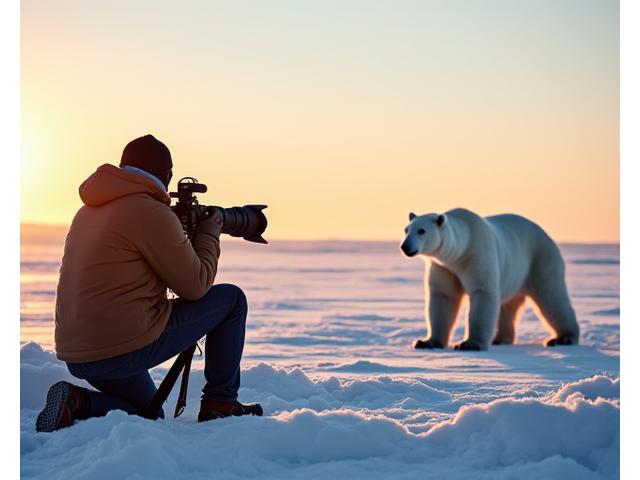 Photographer capturing an image of a polar bear in Arctic light