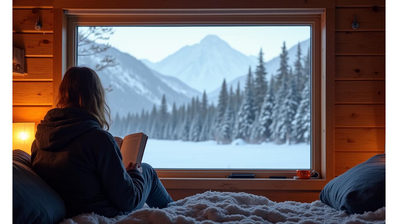 Person gazing out of a large cabin window at a serene snowy landscape, holding a journal