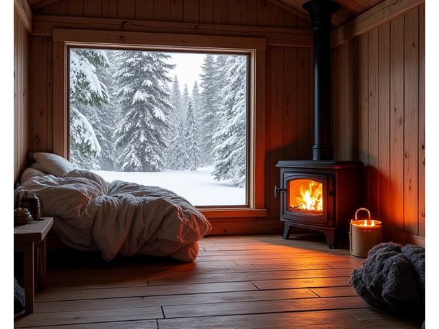 Cozy rustic single cabin interior with wood stove and large window
