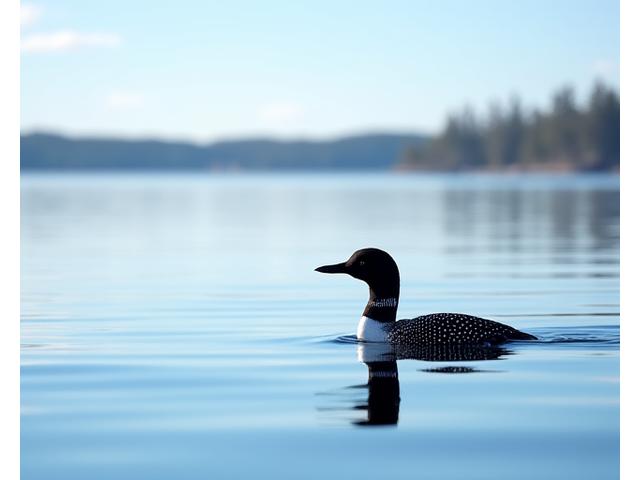A Common Loon paddling elegantly on a calm Arctic lake, its distinct markings visible