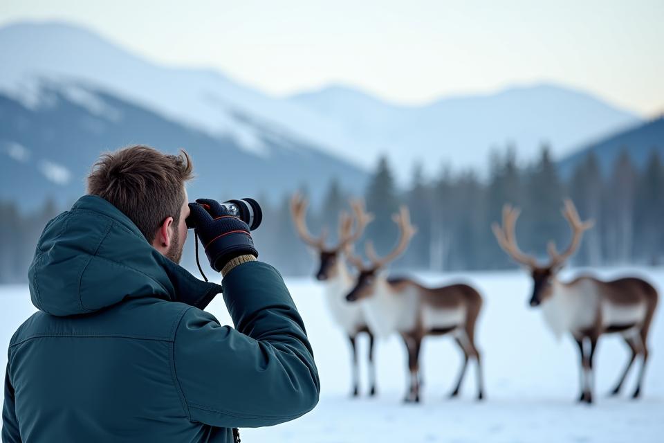 Arctic Hearth guide observing wildlife with binoculars from a respectful distance in a pristine Yukon landscape
