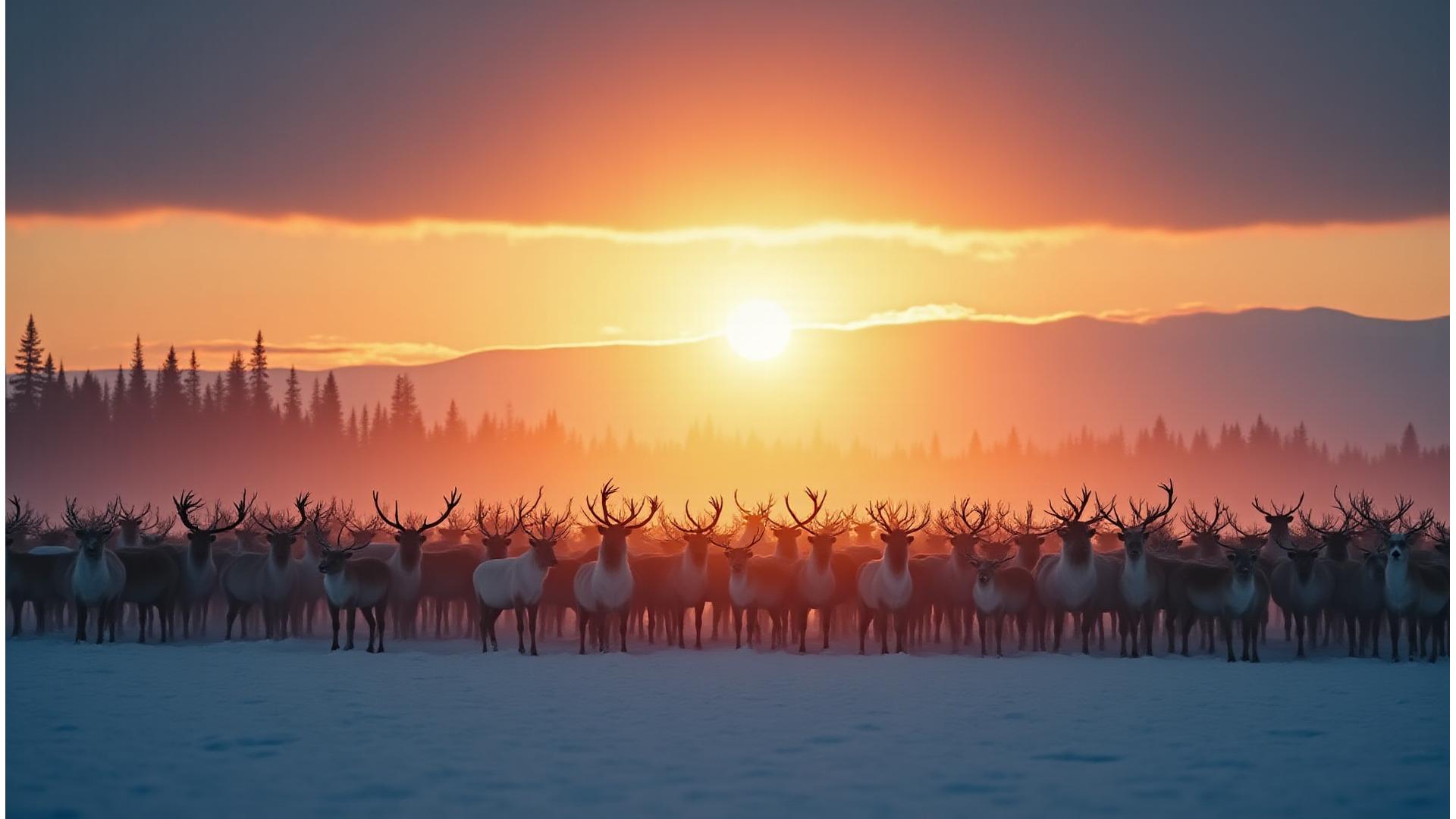Majestic caribou herd silhouetted against a setting sun in the vast Yukon wilderness