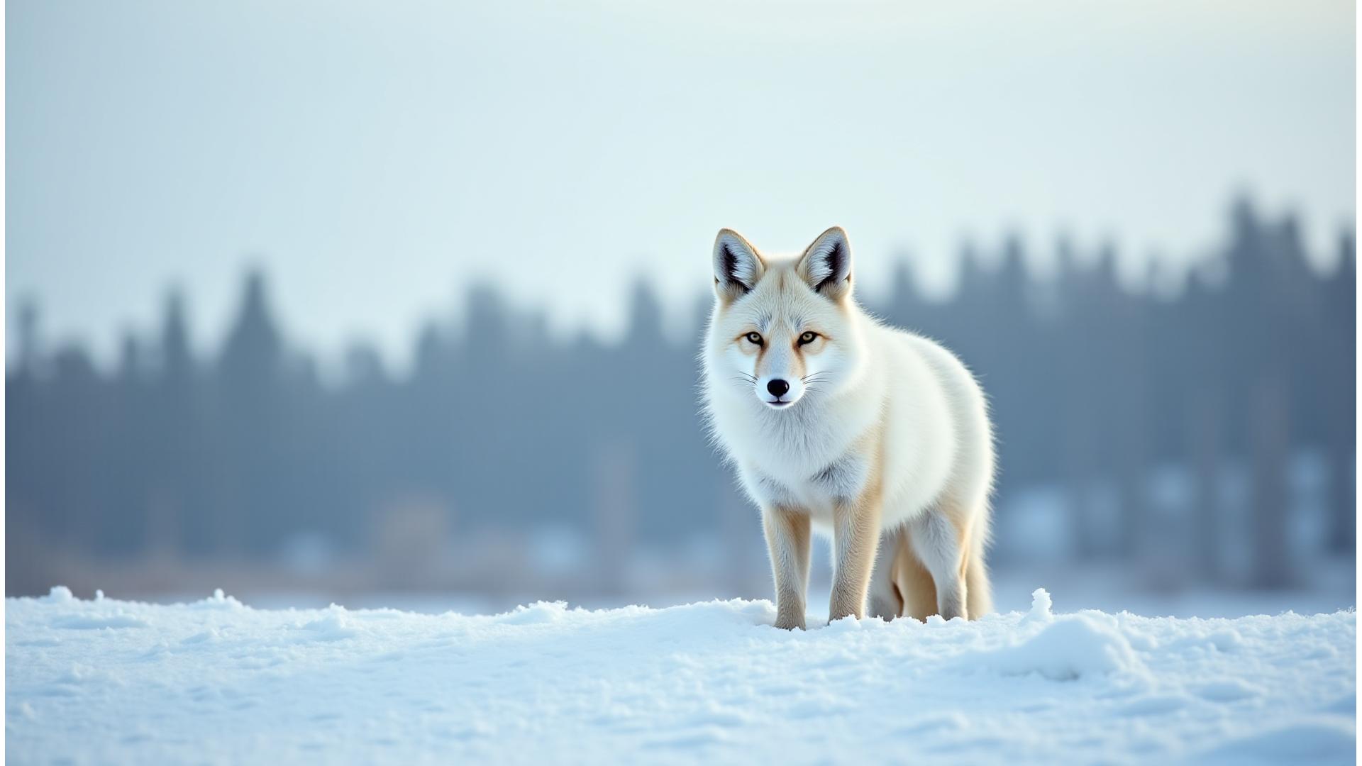 A curious Arctic fox standing alert on a snowy ridge, against a backdrop of taiga forest