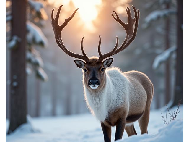 Close-up of a Caribou with impressive antlers in a snowy taiga forest