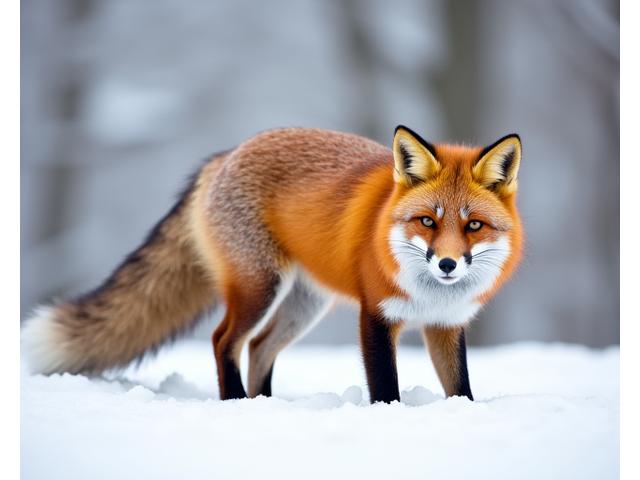 A red fox, vibrant against a snowy backdrop, pausing in its hunt